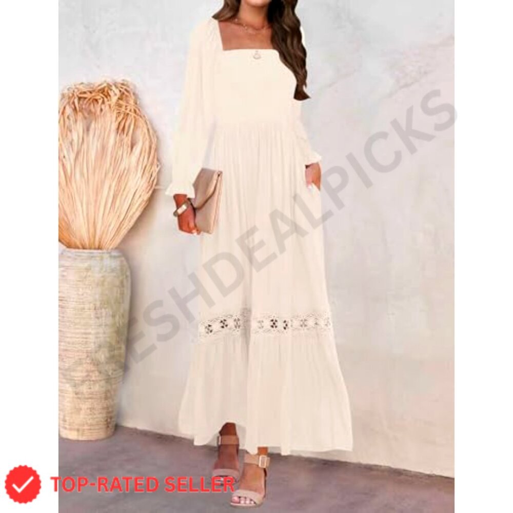 Boho Maxi Dress Long Sleeve Square Neck Smocked High Waist Flowy Lace Trim - Picture 2 of 7